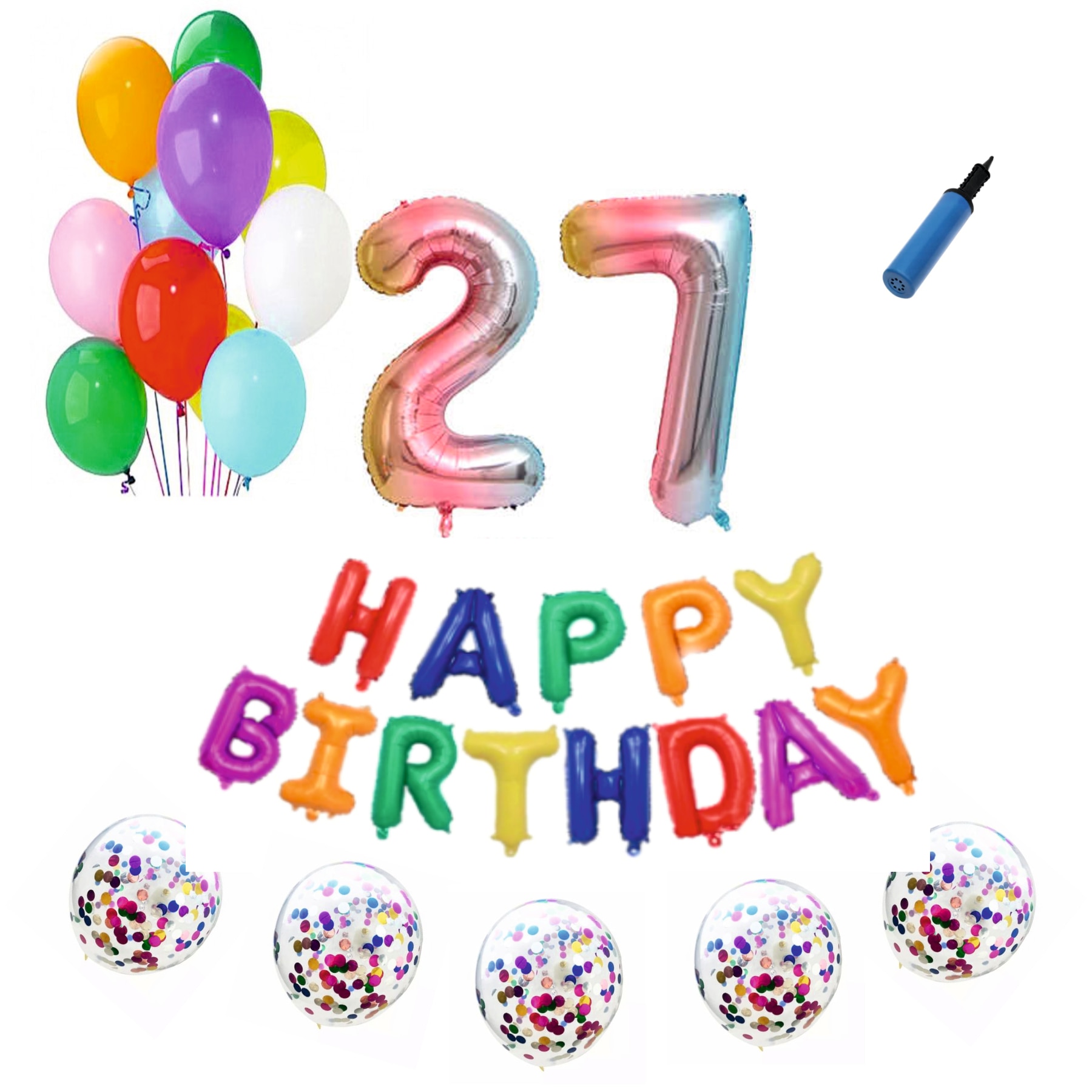 Set baloane Happy Birthday , pentru 27 ani, cifra 1 metru, Multicolor
