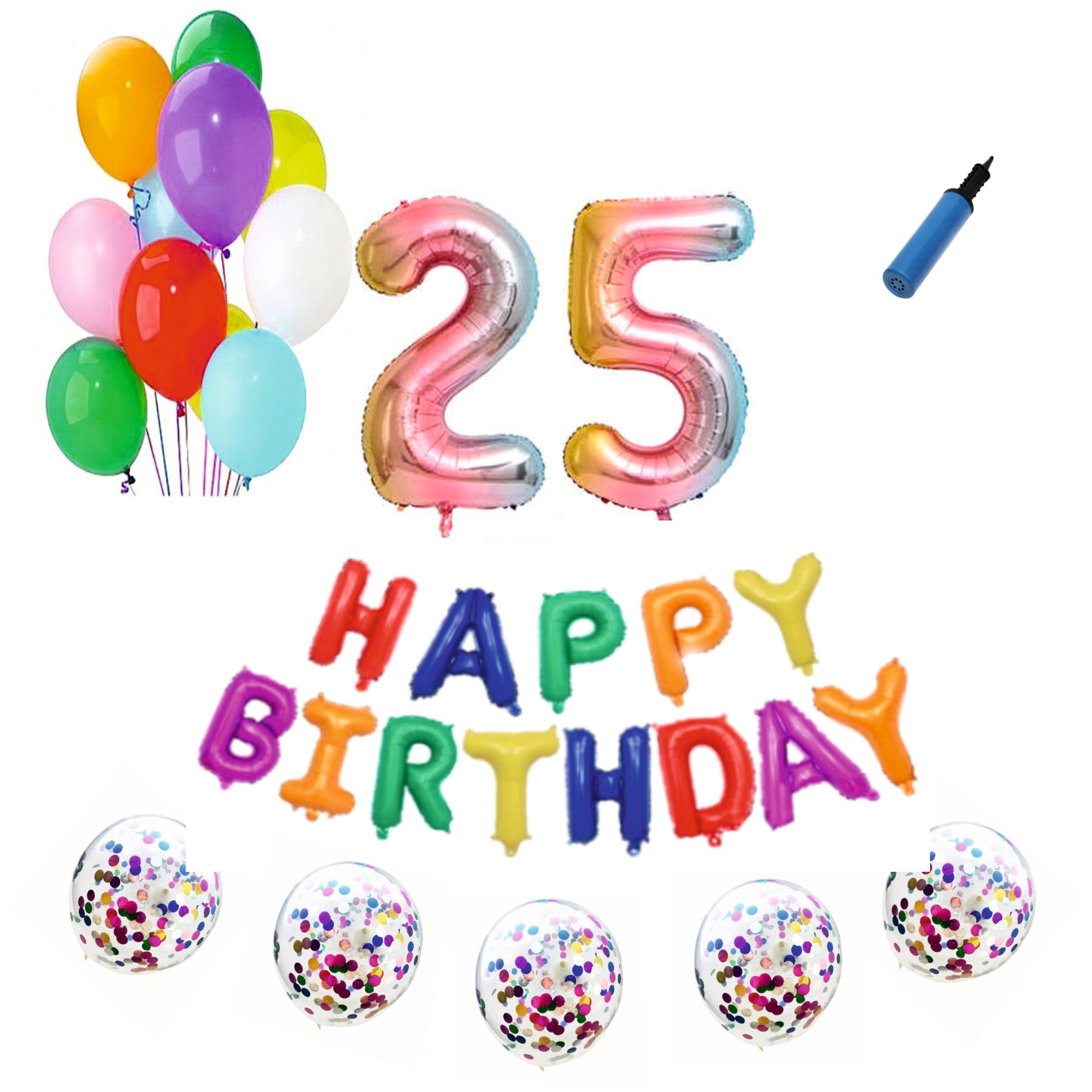 Set baloane Happy Birthday , pentru 25 ani, cifra 1 metru, Multicolor