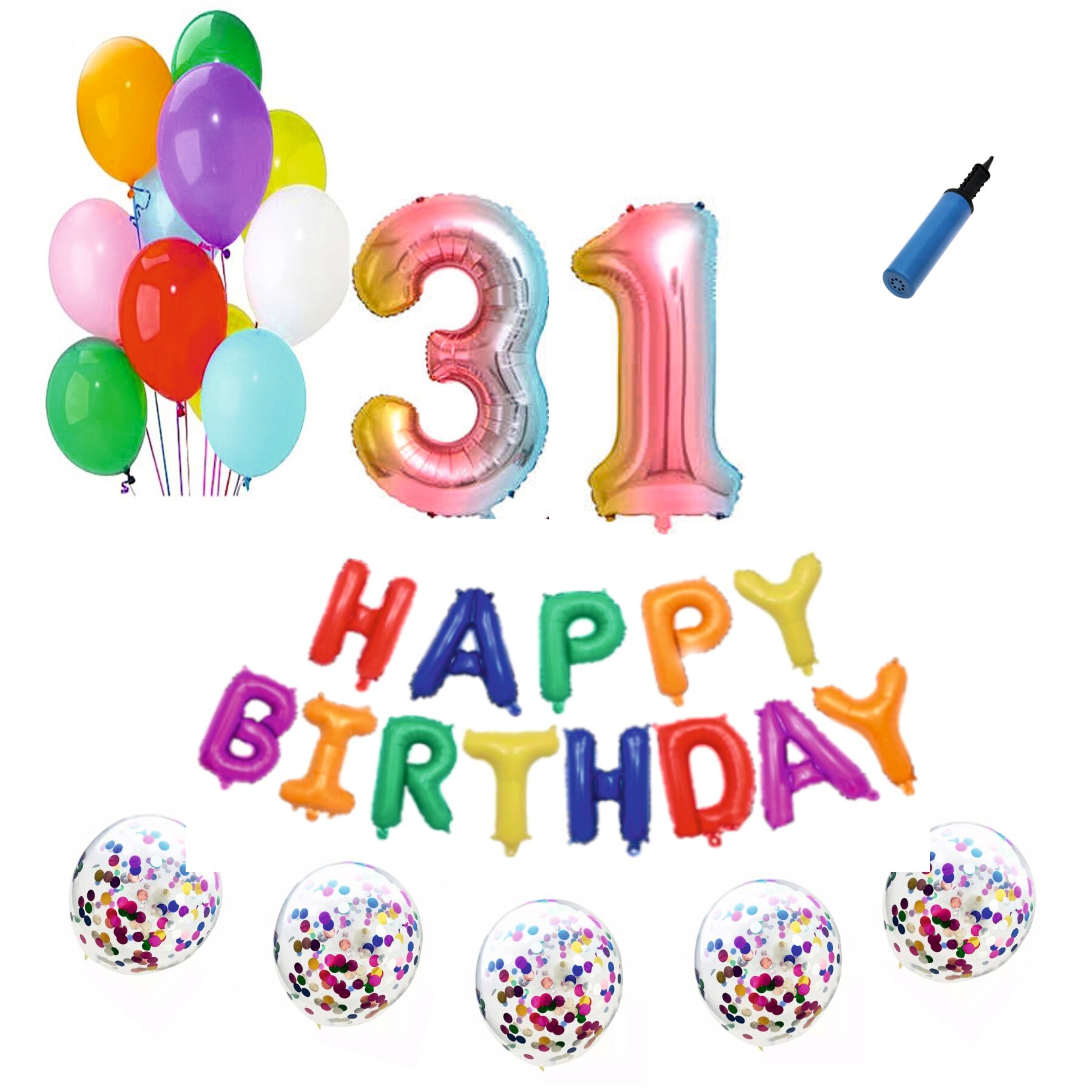 Set baloane Happy Birthday , pentru 31 ani, cifra 1 metru, Multicolor
