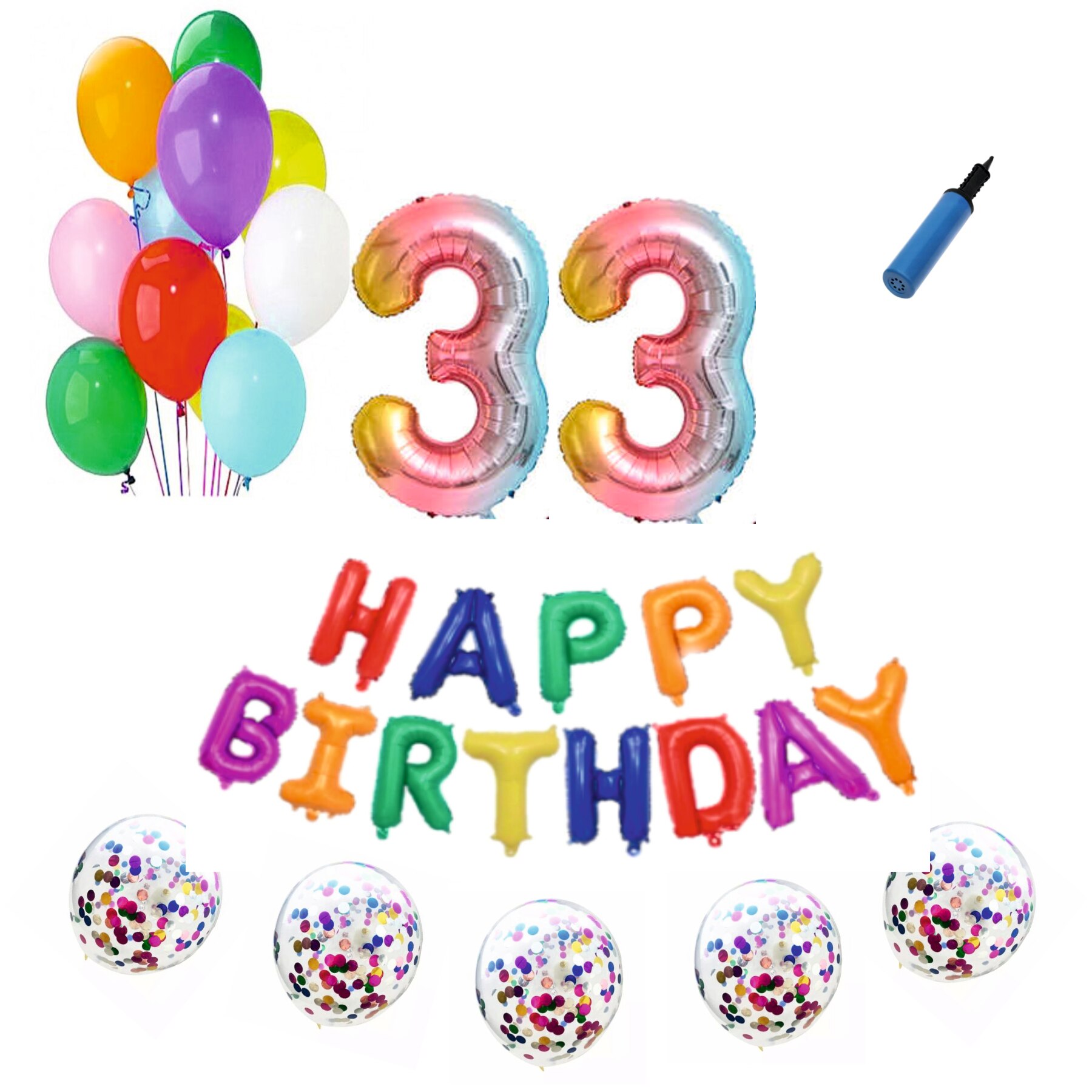 Set baloane Happy Birthday , pentru 33 ani, cifra 1 metru, Multicolor