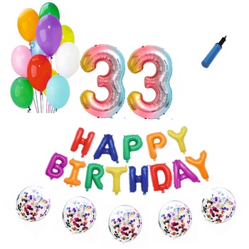 Set baloane Happy Birthday , pentru 33 ani, cifra 1 metru, Multicolor Set baloane Happy Birthday , pentru 33 ani, cifra 1 metru, Multicolor