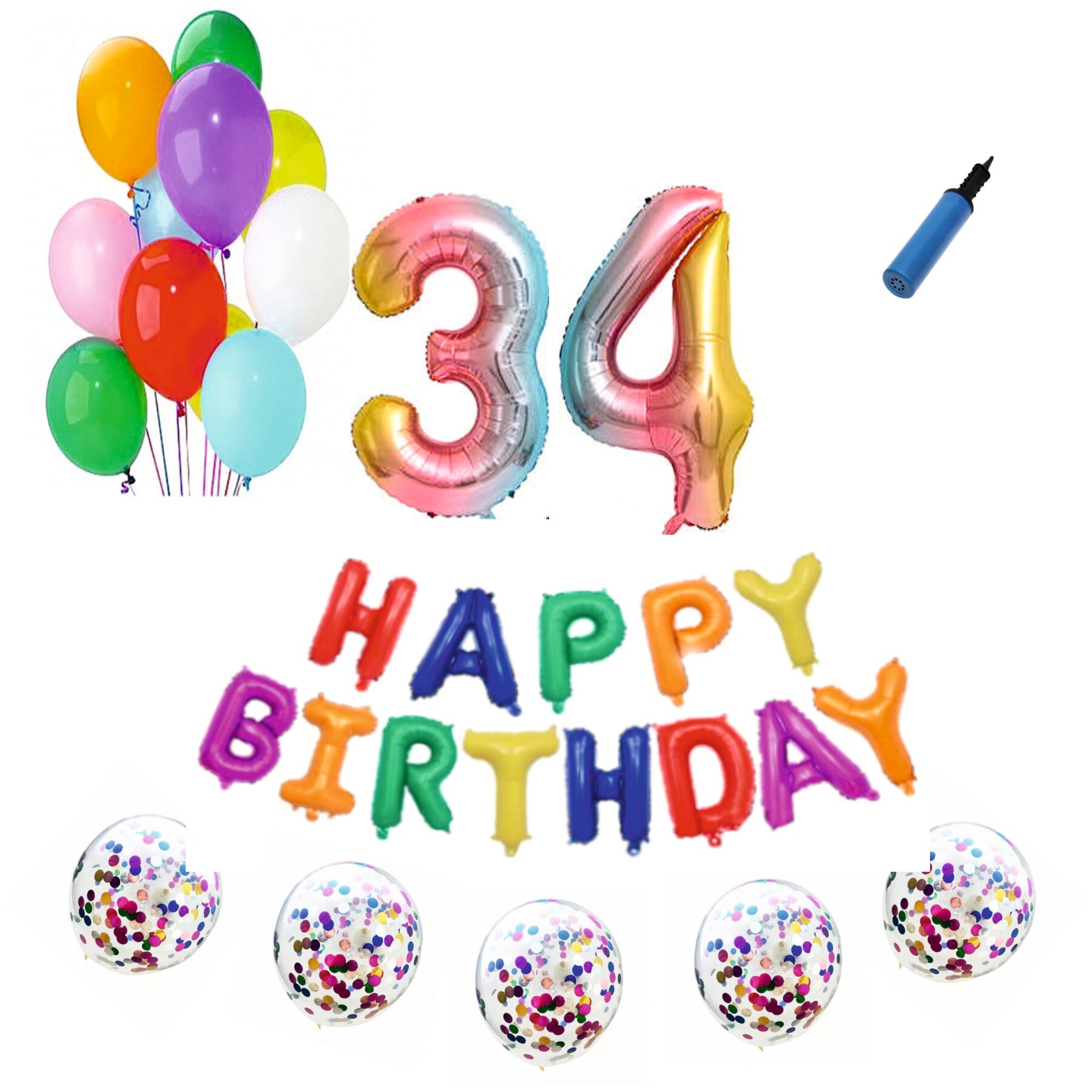 Set baloane Happy Birthday , pentru 34 ani, cifra 1 metru, Multicolor