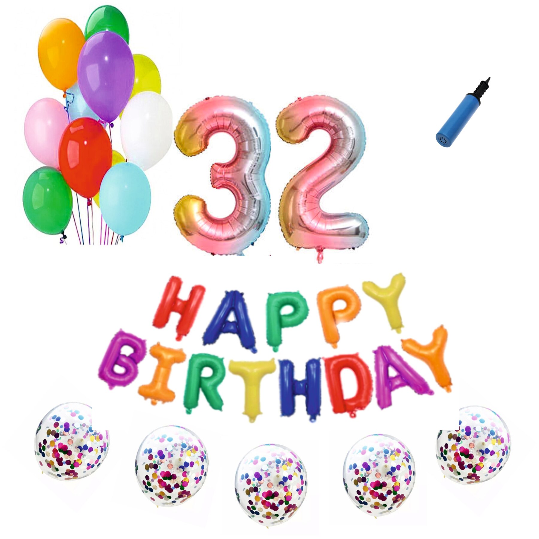 Set baloane Happy Birthday , pentru 32 ani, cifra 1 metru, Multicolor
