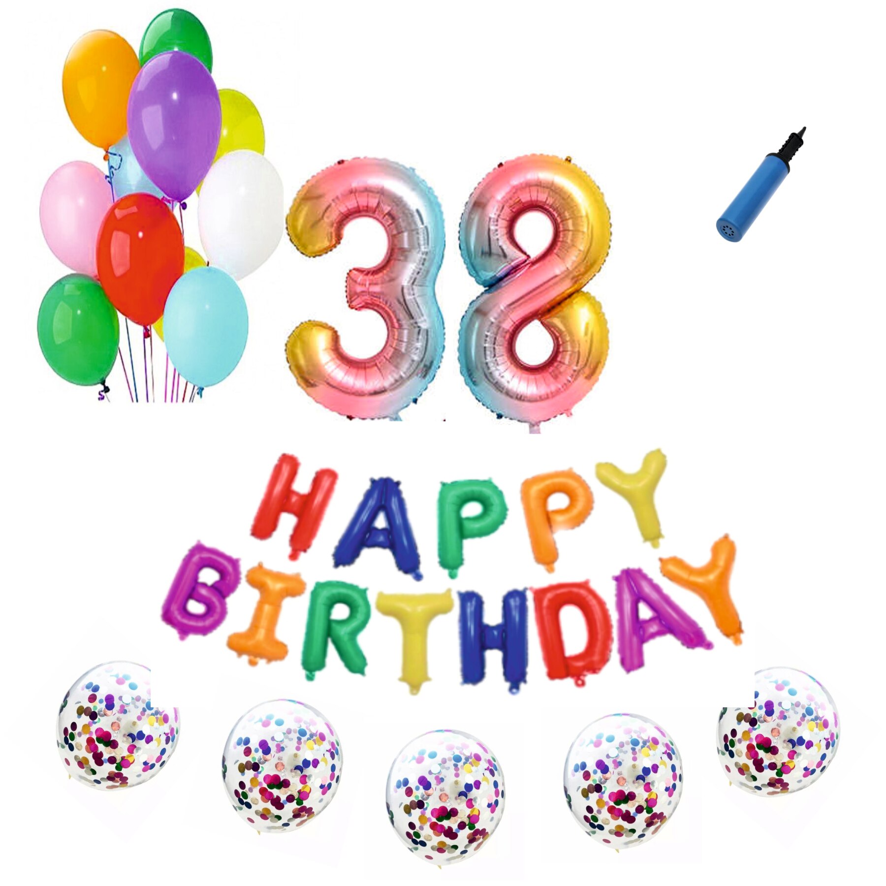 Set baloane Happy Birthday , pentru 38 ani, cifra 1 metru, Multicolor