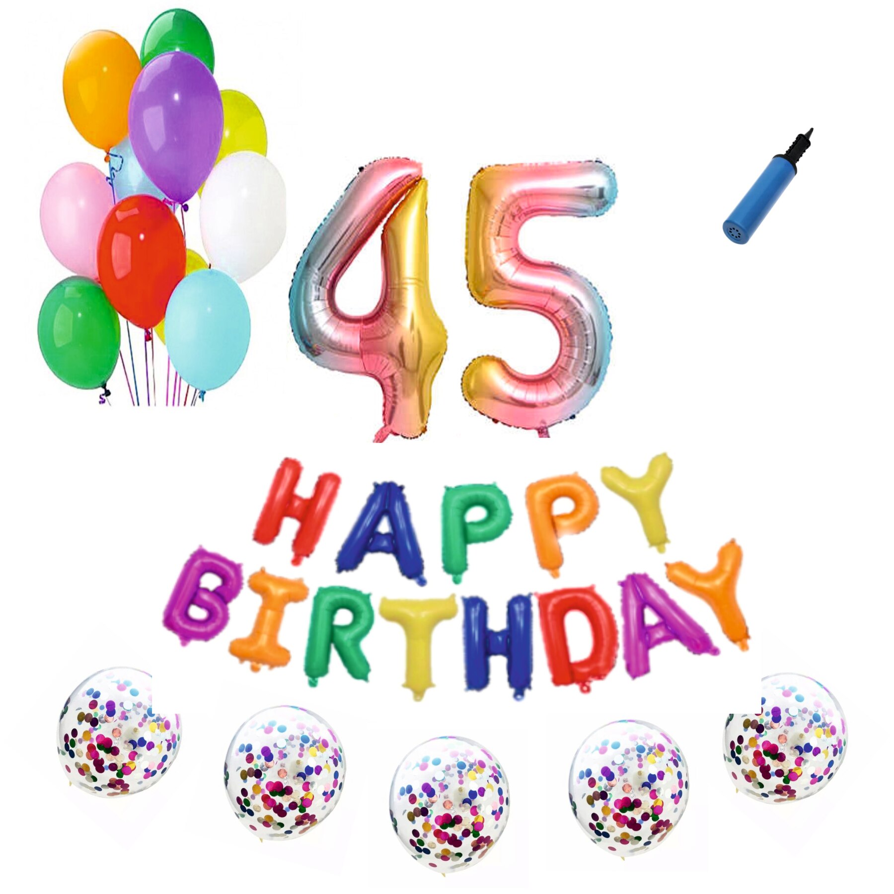 Set baloane Happy Birthday , pentru 45 ani, cifra 1 metru, Multicolor