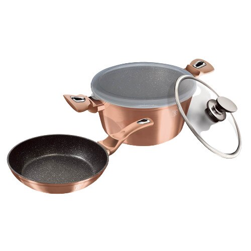 Set oala cu capac si tigaie (4 piese) din aluminiu forjat Rose Gold Collection Berlinger Haus BH 6200