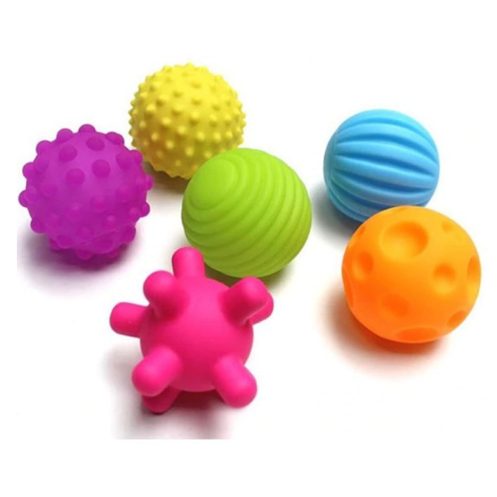 Set 6 mingi senzoriale educative si de dentitie din cauciuc siliconat pentru copii de diferite forme