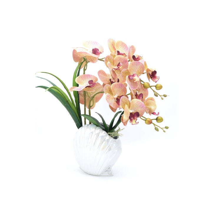 Floare orhidee artificiala in ghiveci sidefat, portocaliu, 43 cm