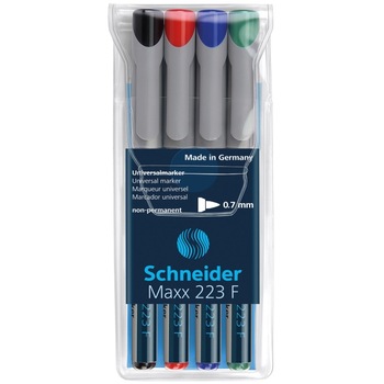 Marker OHP fin nepermanent Schneider 223, 0.7 mm, 4 buc/set Marker OHP fin nepermanent Schneider 223, 0.7 mm, 4 buc/set