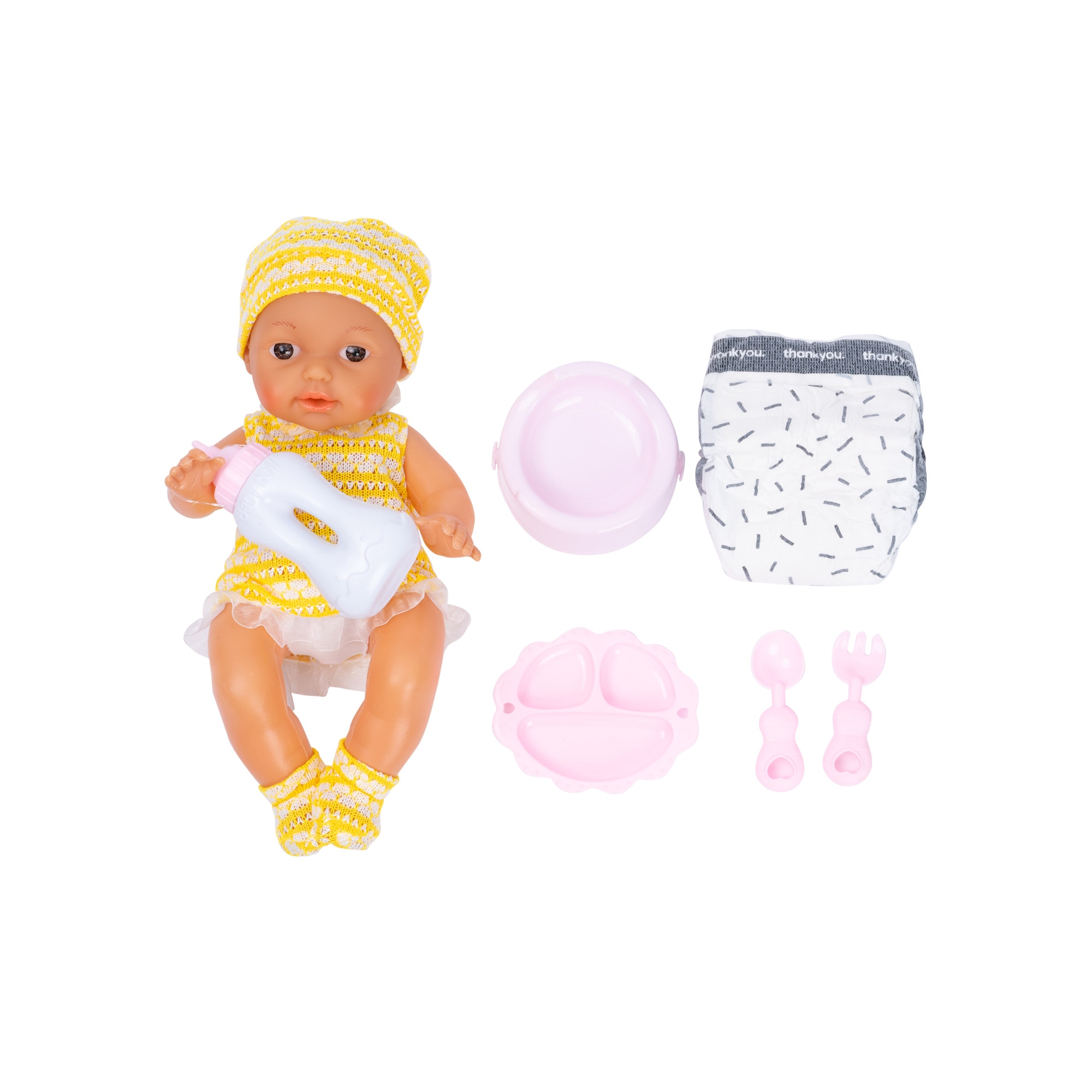 Set Papusa bebelus cu biberon , olita si scutec