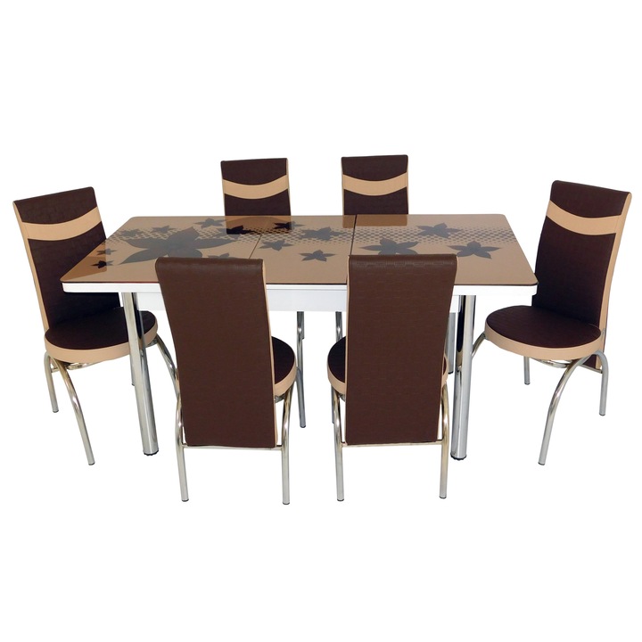 Set masa extensibila cu 6 scaune din piele ecologica model STAR CREM, dreptunghiulara, blat din sticla securizata si PAL, maro/crem, 130x78x80 cm