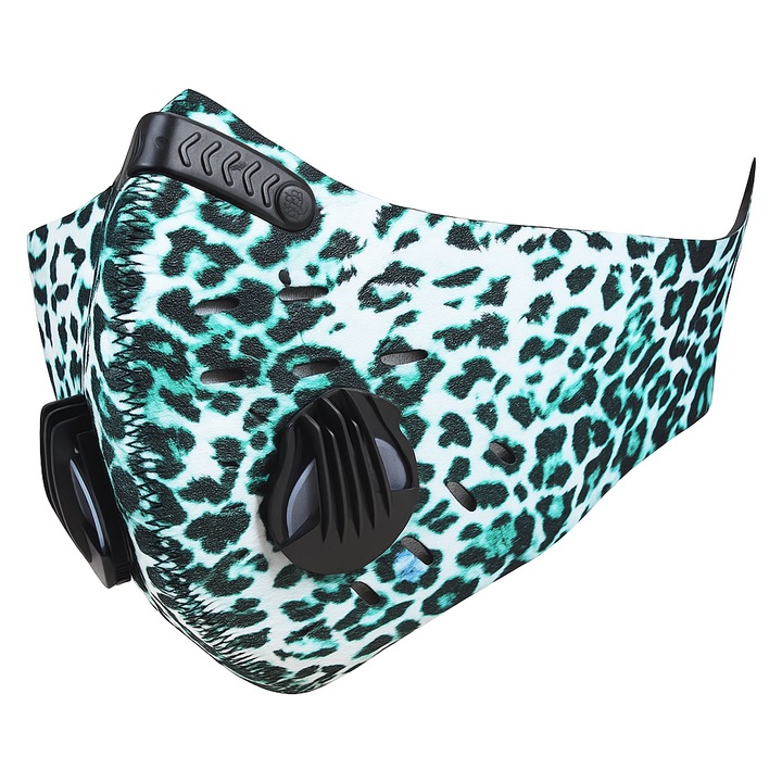 Masca HOPE R, cu supapa si filtru carbon activ anti poluare, reutilizabila, leopard bleu, pentru alergat, bicicleta, trotineta