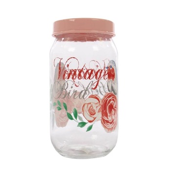 Borcan Vintage Bird, 1 L, 10x20 cm, Model Floral/Pasari, Sticla cu Capac Roz Borcan Vintage Bird, 1 L, 10x20 cm, Model Floral/Pasari, Sticla cu Capac Roz
