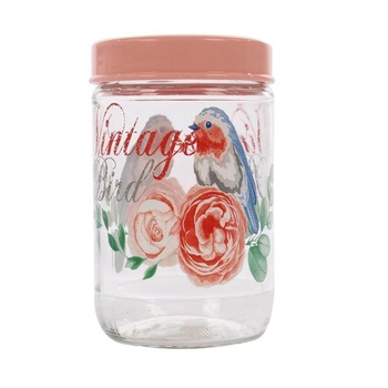 Borcan Vintage Bird, 720 ml, 8.5x14 cm, Model Floral/Pasari, Sticla cu Capac Roz Borcan Vintage Bird, 720 ml, 8.5x14 cm, Model Floral/Pasari, Sticla cu Capac Roz