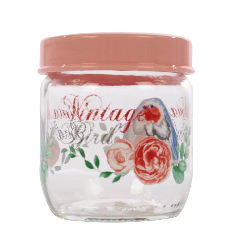 Borcan Vintage Bird, 400 ml, 8.5x10 cm, Model Floral/Pasari, Sticla cu Capac Roz