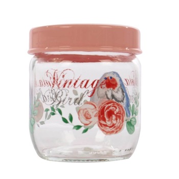 Borcan Vintage Bird, 400 ml, 8.5x10 cm, Model Floral/Pasari, Sticla cu Capac Roz Borcan Vintage Bird, 400 ml, 8.5x10 cm, Model Floral/Pasari, Sticla cu Capac Roz
