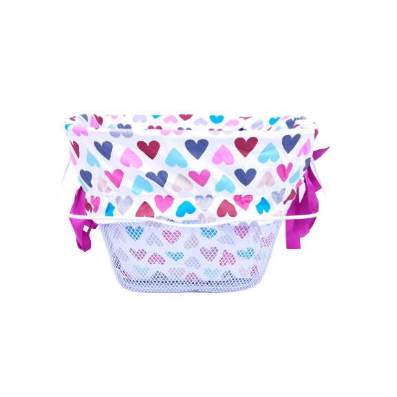 Cos fata alb click cu prindere pe ghidon, Alb cu inimi colorate, 37cm x 26 cm x 22cm