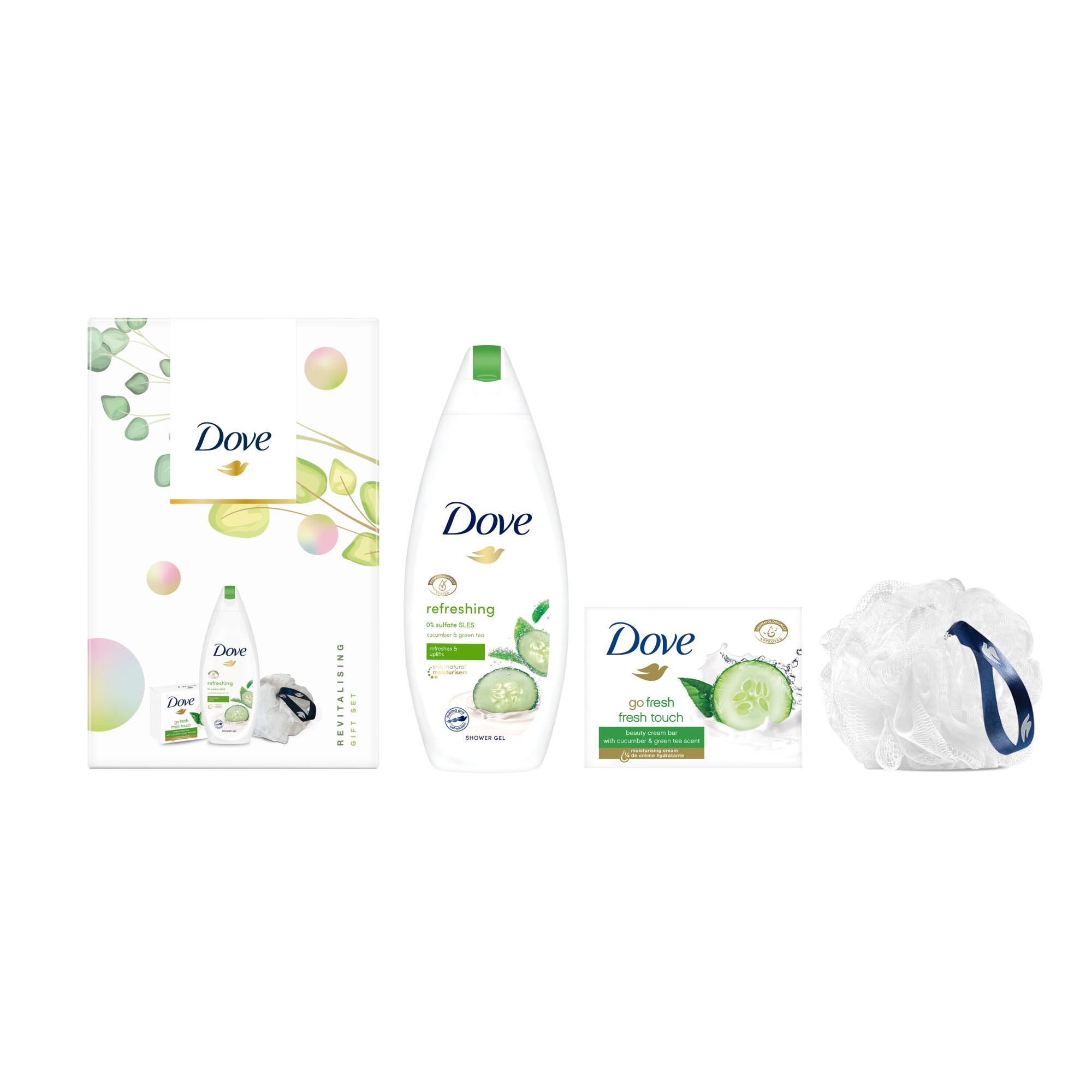 Set cadou Dove Go Fresh: Gel de dus, 250 ml + Sapun solid, 100 g + floare pentru dus