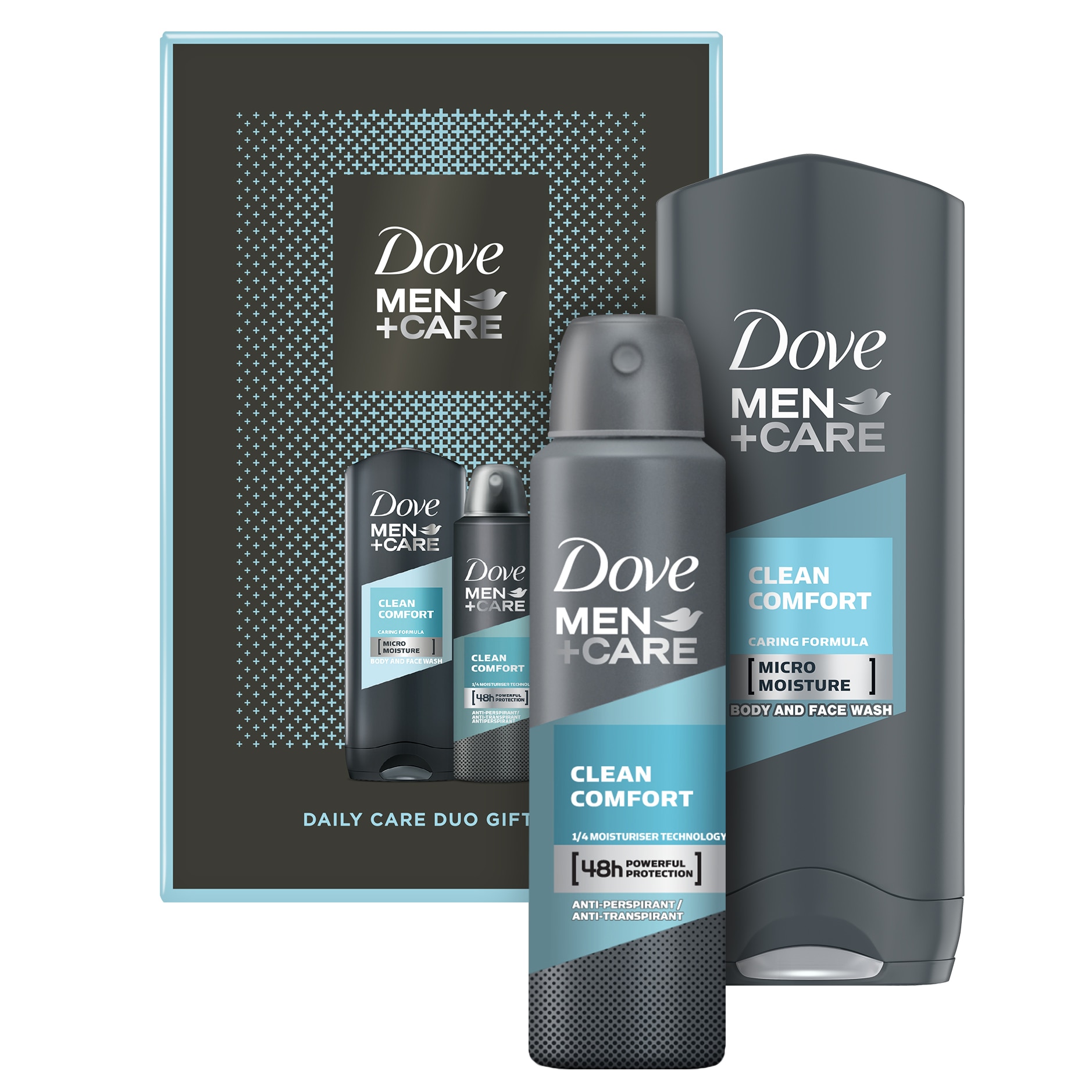 Set cadou Dove Men +Care Clean Comfort: Gel de dus, 250 ml + Atiperspirant spray, 150 ml