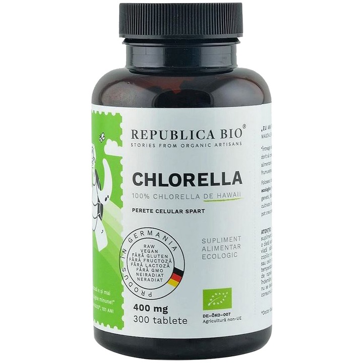 Chlorella ecologica cu perete celular spart Republica BIO, 300 tablete