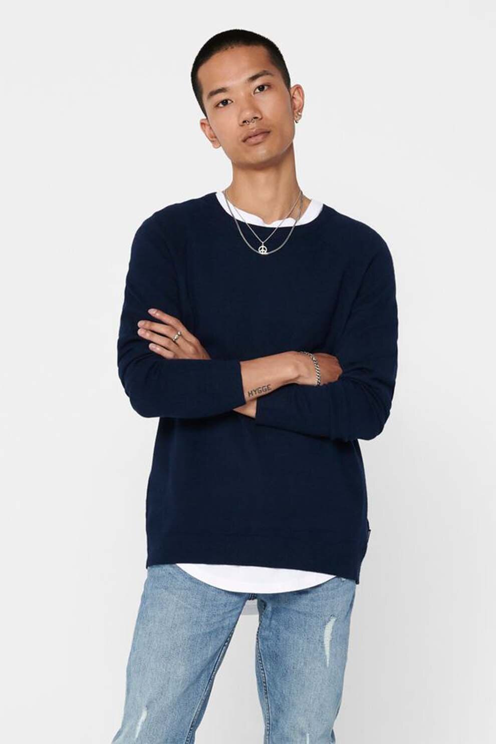 Only & Sons, Pulover tricotat fin cu maneci raglan, Bleumarin, S