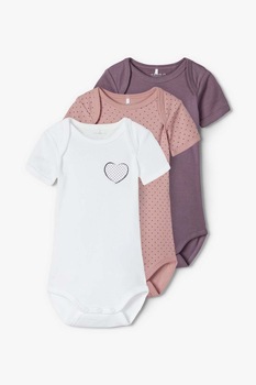 NAME IT, Set 3 body-uri din bumbac organic, fete, Violet/Alb, Violet/Alb, 50 CM NAME IT, Set 3 body-uri din bumbac organic, fete, Violet/Alb, Violet/Alb, 50 CM