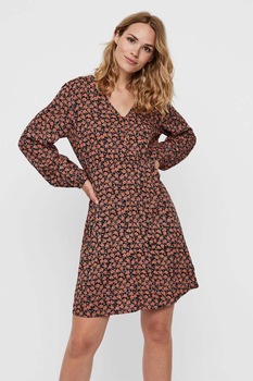 Vero Moda, Rochie cu decolteu in V si model floral, Negru/Oranj persan Vero Moda, Rochie cu decolteu in V si model floral, Negru/Oranj persan