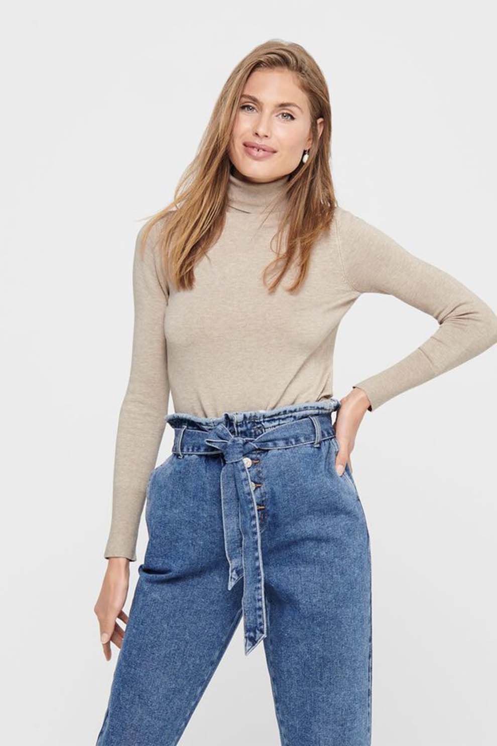 Only, Pulover tricotat fin cu guler inalt, Crem