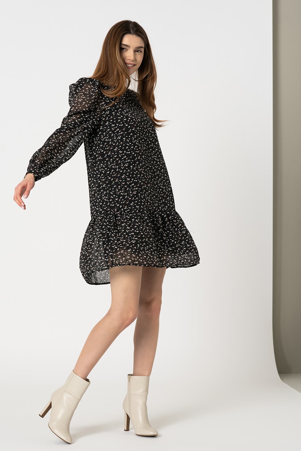 Vero Moda, Rochie mini cu imprimeu floral, Negru