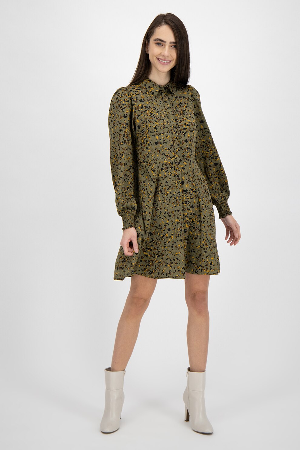 Vero Moda, Rochie tip camasa cu model abstract, Verde/Galben, M