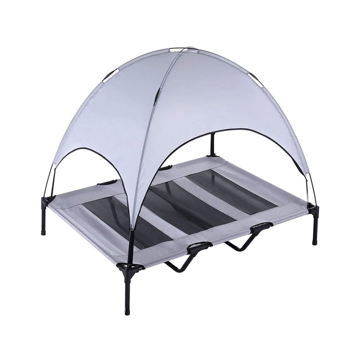 Culcus cu parasolar pentru caini si pisici Timeless Tools, Cadru metalic, Marime XL, Sarcina 40 kg, 91.5 x 122.5 x 120 cm, Gri