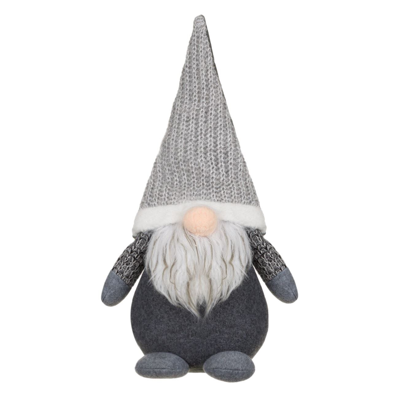 Figurina decorativa, pentru Craciun, Zola, Mos Craciun, gri, cu palarie tricotata, 43 cm