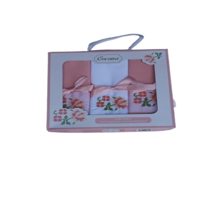 Set 3 prosoape de bucatarie brodate 45x70cm culoare Alb/Roz