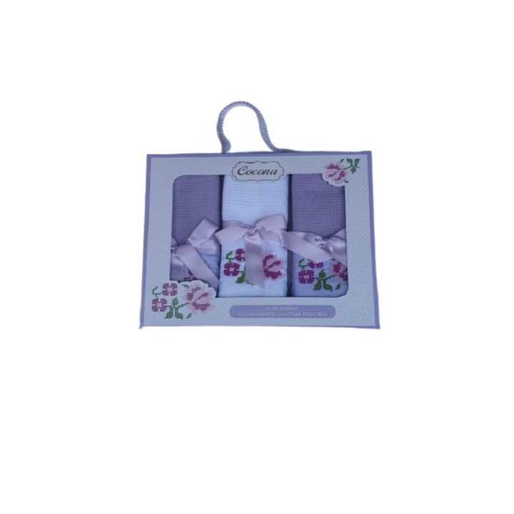 Set 3 prosoape de bucatarie brodate 45x70cm culoare Alb/Lila