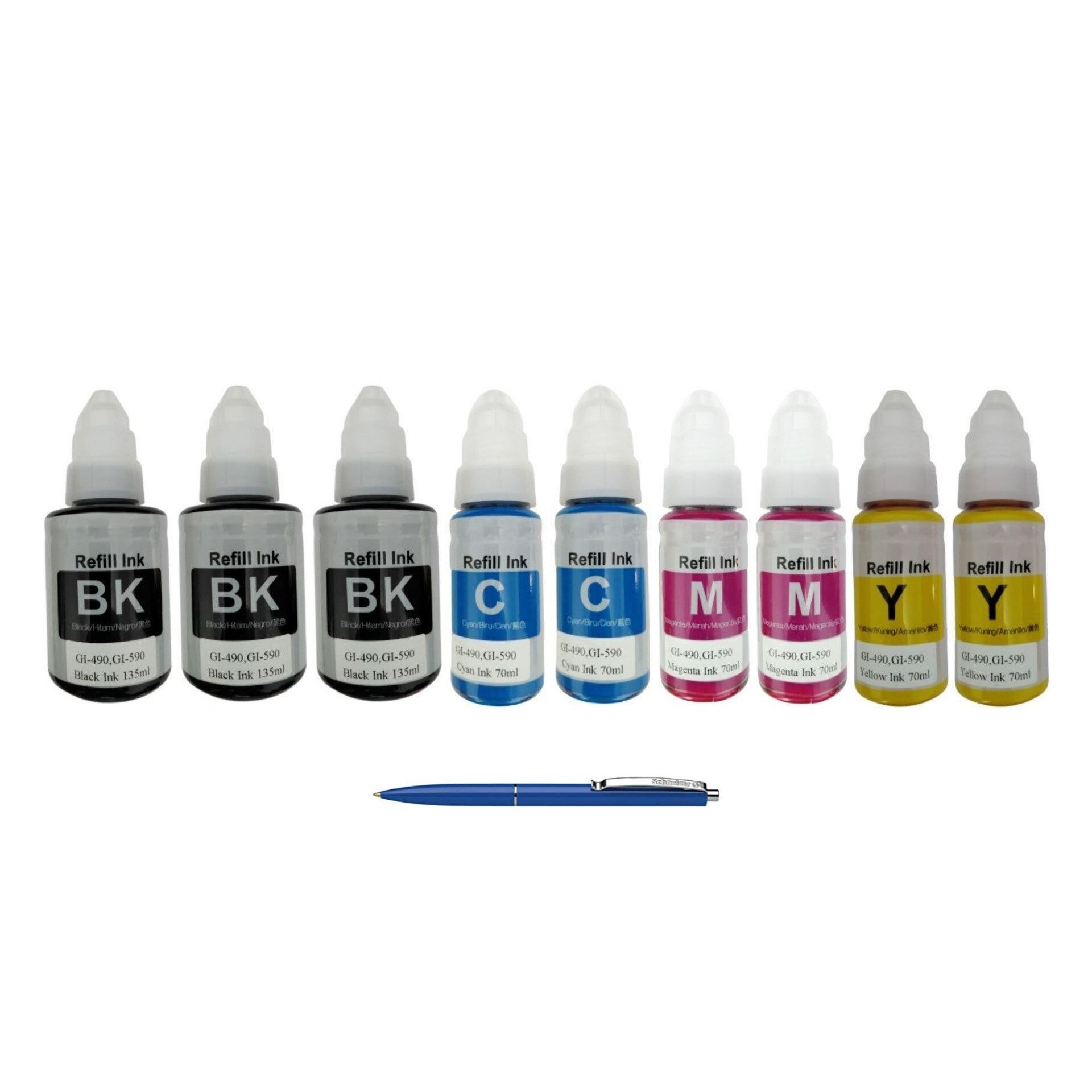 Pachet Flacoane Cerneala compatibila GI-490 3X Black, 2X Cyan, 2X Magenta, 2X Yellow, 60000 pagini, un-box AlphaChem si Pix Schneider