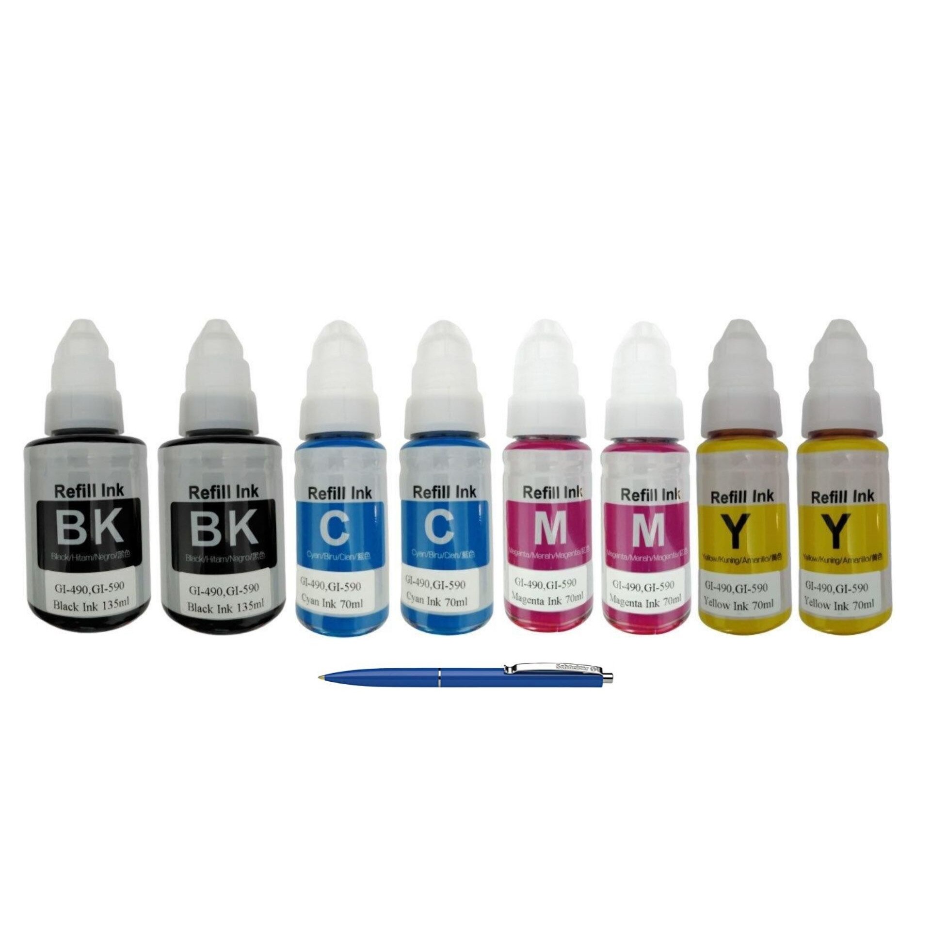 Pachet Flacoane Cerneala compatibila GI-490 2X Black, 2X Cyan, 2X Magenta, 2X Yellow, 54000 pagini, un-box AlphaChem si Pix Schneider