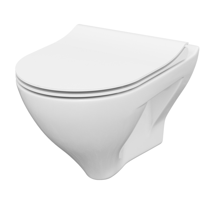 Set WC suspendat Cersanit Mille, CleanOn, capac duroplast slim, inchidere lenta, 36.5x51x36.5 cm, Alb