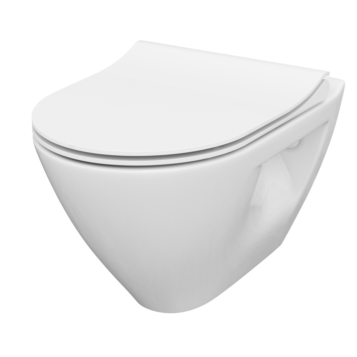 Set WC suspendat Cersanit Mille Plus, CleanOn, capac duroplast slim, inchidere lenta, 36x50x36.5 cm, Alb