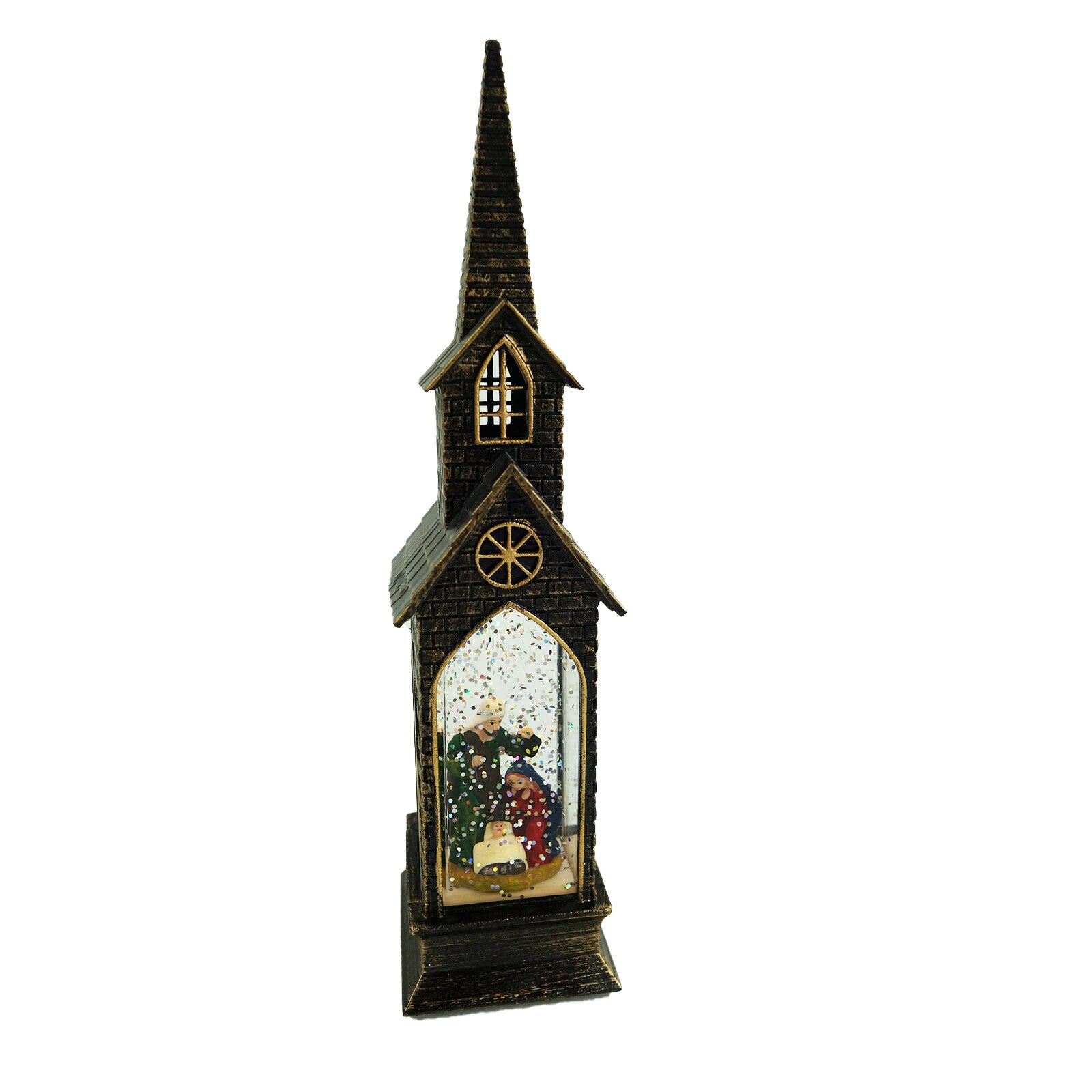 Ornament de Craciun, tip bisericuta cu leduri, maro, 21 cm