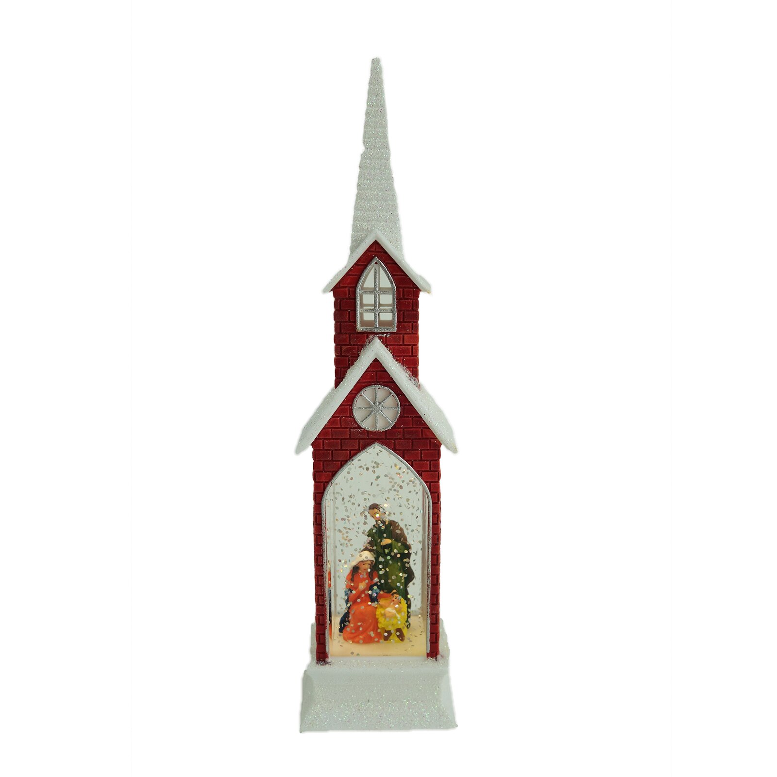 Ornament de Craciun, tip bisericuta cu leduri, alb/rosu, 21 cm