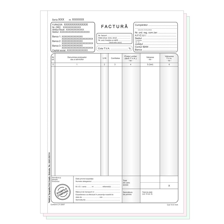 Facturi cu TVA A4, Personalizate, Stampilate, Inseriate si Numerotate, Carnet 50 Seturi Autocopiative a 3 Exemplare per serie, cu Perfor de rupere