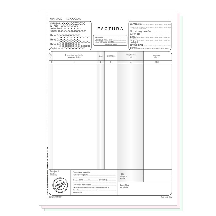 Facturi fara TVA A4, Personalizate, Stampilate, Inseriate si Numerotate, Carnet 50 Seturi Autocopiative a 3 Exemplare per serie, cu Perfor de rupere