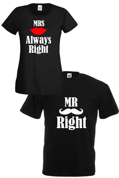 Комплект тениски Fruit of the Loom Mr. Right & Mrs. Always Right 8011253, черни, мъжка L и дамска XL