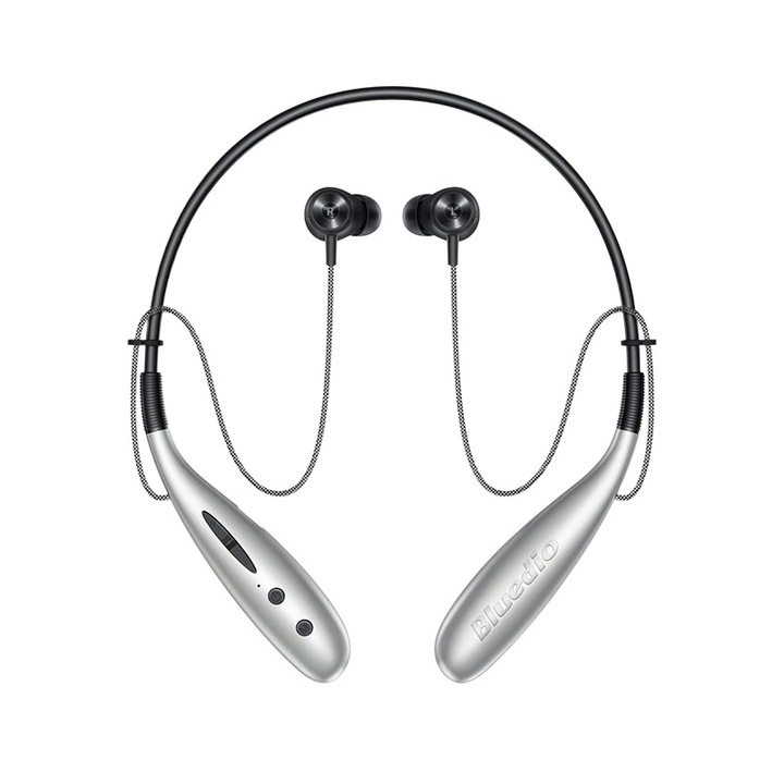 Bluetooth слушалки за поставяне в ушите с яка Bluedio Hn+, 13 mm високоговорител, 116 dB, 32 Ω, микрофон, слот за памет, Bluetooth v5.0, магнитен дизайн, сребро
