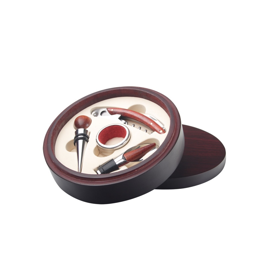 Set 4 accesorii pentru vin, Tirbuson, Dop cu garnitura, Dop din lemn, Inel Anti-picurator, burgundy