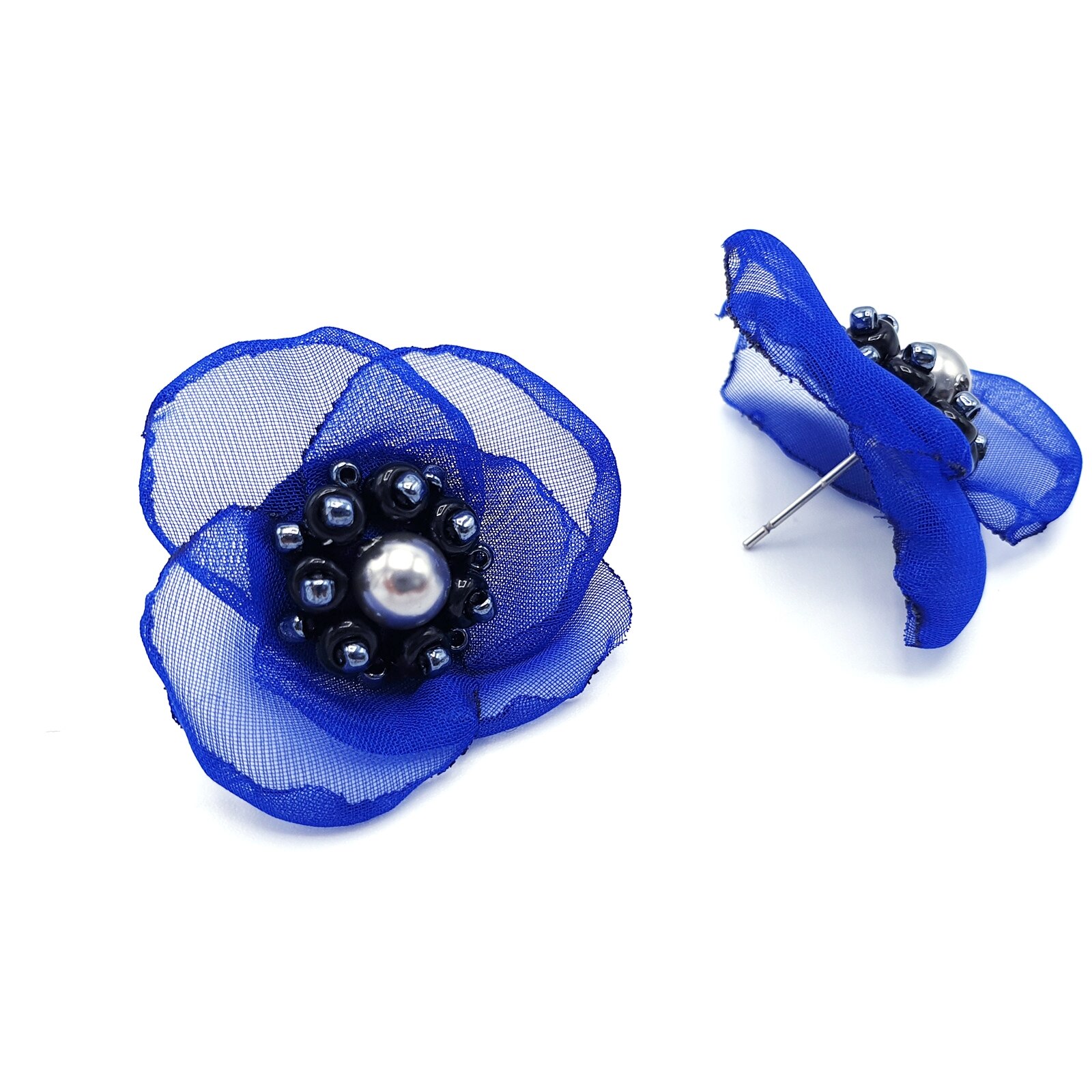 Cercei, Zia Fashion, Zia, albastri, floare din voal, perle