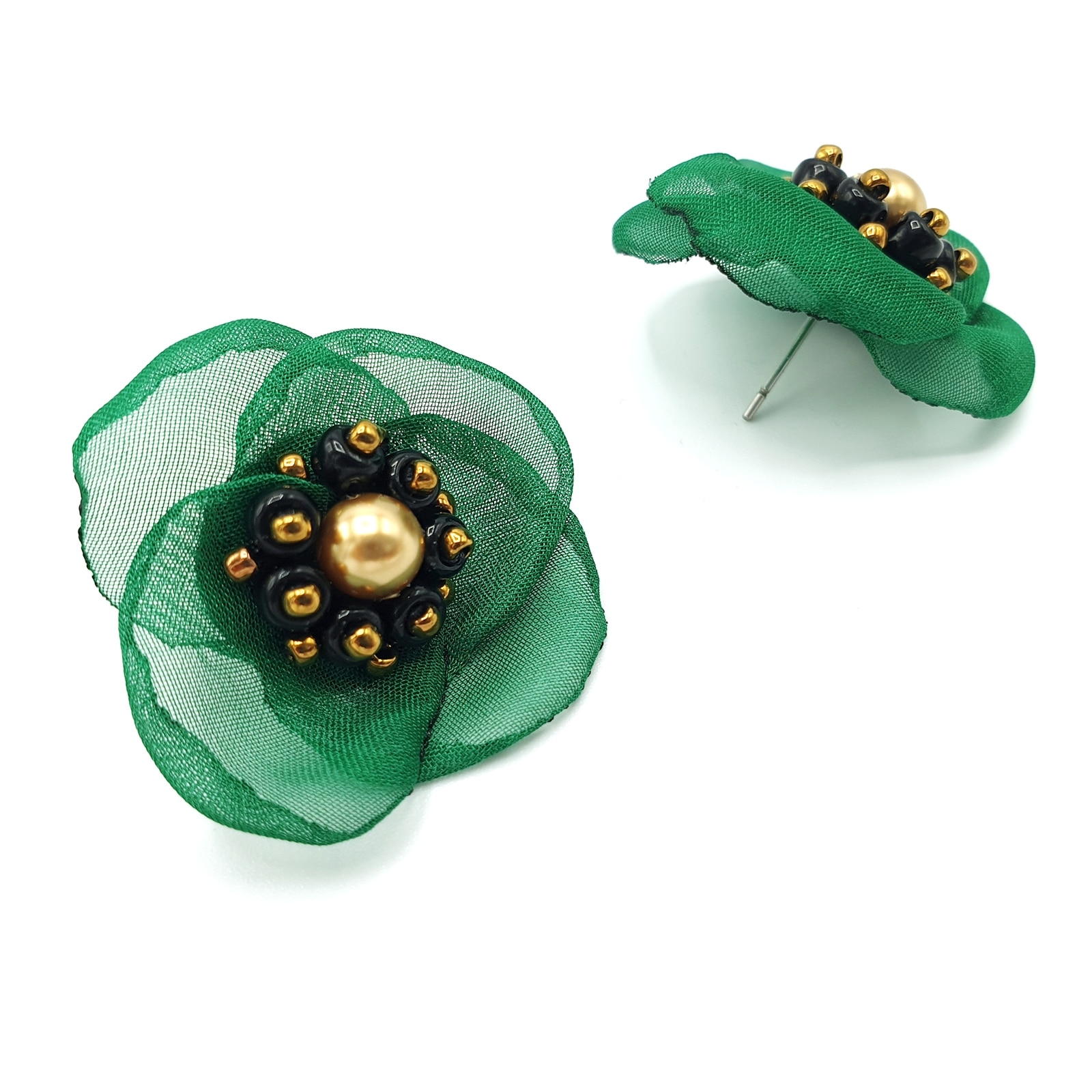 Cercei, Zia Fashion, Abby, verde, floare din voal, perle