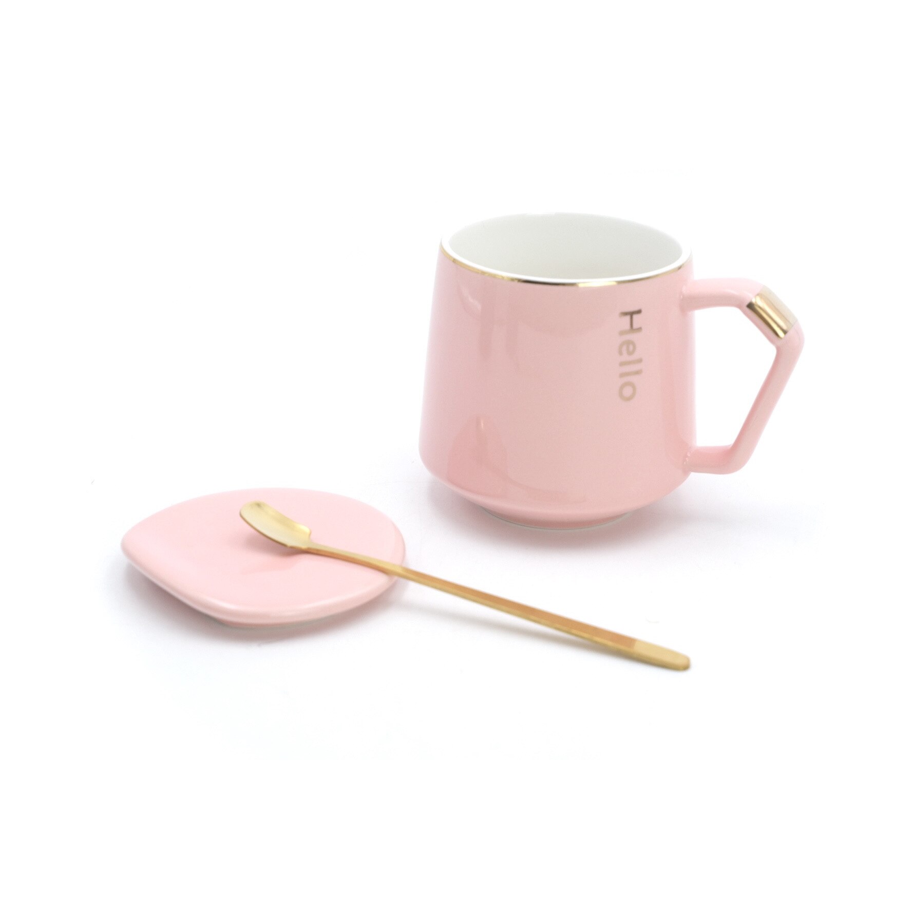 Set cana de cafea cu capac si lingurita, ceramica, roz, 300 ml