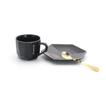 Set cana de cafea simpla cu farfurie si lingurita, ceramica, negru, 300 ml Set cana de cafea simpla cu farfurie si lingurita, ceramica, negru, 300 ml