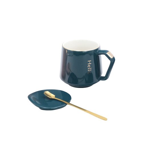 Set cana de cafea cu capac si lingurita, ceramica, verde, 300 ml